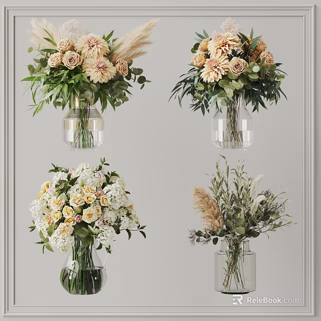 Transparent Glass Vases With Various Flowers For Home Interior Decor Arrangements 3d model 