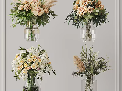 Transparent Glass Vases With Various Flowers For Home Interior Decor Arrangements 3d model