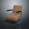 Modern Brown Fabric Accent Chair With Black Armrests And Curved Metal Frame Design