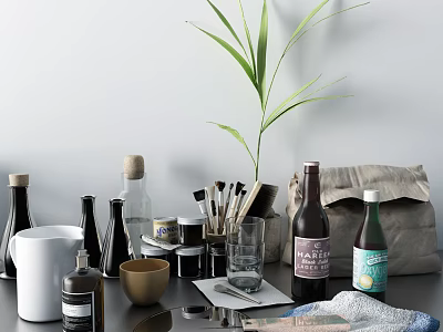 Modern Decorative Ornament Set with Glass Bottles Brushes Cups and Potted Plant for Tabletop Decor 3d model