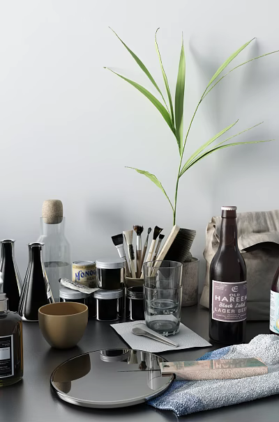 Modern Decorative Ornament Set with Glass Bottles Brushes Cups and Potted Plant for Tabletop Decor 3d model