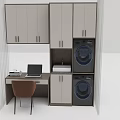 Functional Home Desk Setup With Cabinets Laptop Washing Machine And Dryer 3d model