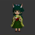 Anime Style Doll Figure With Green Hair Cat Ears Red Obi And Green Yellow Kimono