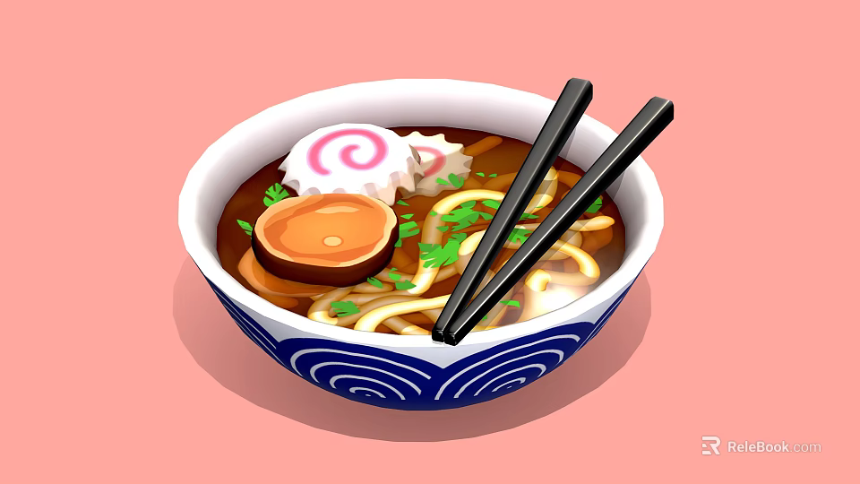 Blue and White Patterned Bowl with Ramen Noodles Black Chopsticks and Fresh Toppings 3d model 