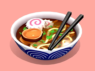 Blue and White Patterned Bowl with Ramen Noodles Black Chopsticks and Fresh Toppings 3d model