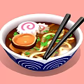 Blue and White Patterned Bowl with Ramen Noodles Black Chopsticks and Fresh Toppings
