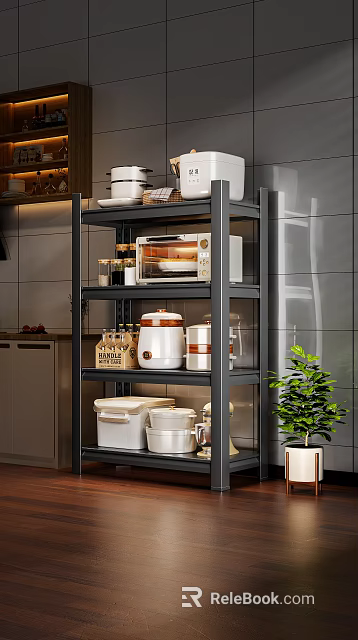 Modern Kitchen Cabinets With Open Shelves Oven Storage Containers And Green Plant 3d model 