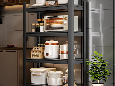 Modern Kitchen Cabinets With Open Shelves Oven Storage Containers And Green Plant 3d model