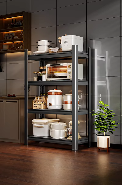 Modern Kitchen Cabinets With Open Shelves Oven Storage Containers And Green Plant 3d model
