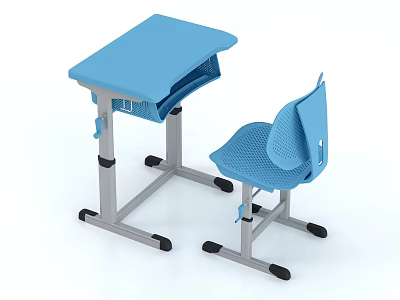 Blue Flip Top Desk and Chair Set With Metal Frame and Rolling Wheels 3d model