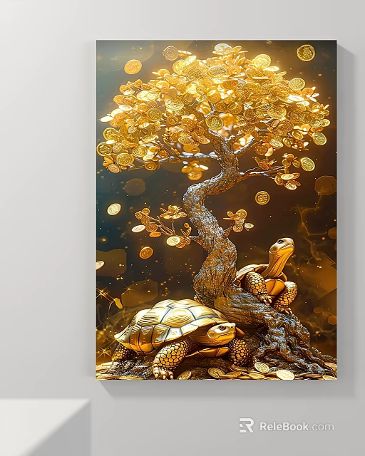 Abstract Painting Featuring Golden Coin Tree and Turtles at Roots on Dark Background 3d model 
