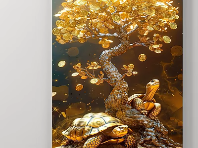 Abstract Painting Featuring Golden Coin Tree and Turtles at Roots on Dark Background 3d model