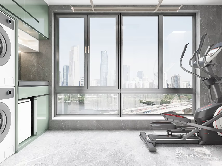 Modern Home Balcony with Washing Machine Treadmill and City View Through Large Windows 3d model 