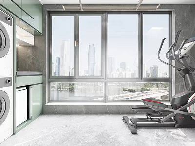 Modern Home Balcony with Washing Machine Treadmill and City View Through Large Windows 3d model