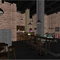 Cafe With Red Brick Walls Gray Pillars Black Pendant Lights Wooden Bar And Drum Set