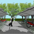 Scenic Landscape Garden With Canopy Structure Bicycle Parking Green Lawn And Trees