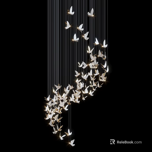 Modern Artistic Bird Shaped Chandelier With White Flying Bird Designs Hanging In Curve 3d model 
