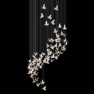 Modern Artistic Bird Shaped Chandelier With White Flying Bird Designs Hanging In Curve 3d model