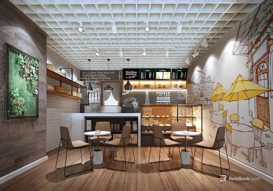 Cozy Bubble Tea Shop Interior With Grid Ceiling Wooden Flooring And Wall Murals 3d model 