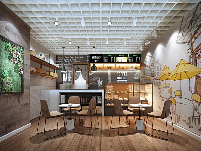 Cozy Bubble Tea Shop Interior With Grid Ceiling Wooden Flooring And Wall Murals 3d model
