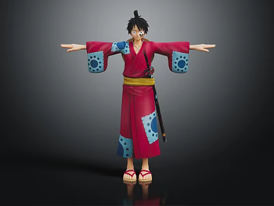 Anime Character With Black Hair In Red Kimono Blue Circular Patterns Yellow Belt And Sword 3d model