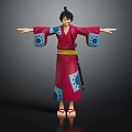 Anime Character With Black Hair In Red Kimono Blue Circular Patterns Yellow Belt And Sword