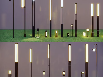 Outdoor Garden Lighting Combinations With Various Illuminated Lamp Posts Of Different Heights And Designs 3d model