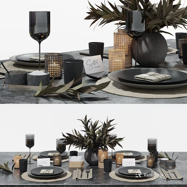 Elegant Modern Dinnerware Set With Black Plates Candles Olive Branches And Woven Placemats 3d model 