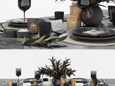 Elegant Modern Dinnerware Set With Black Plates Candles Olive Branches And Woven Placemats 3d model