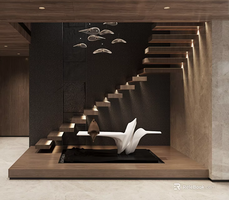 Modern Staircase Design With Black Wall Wooden Steps And White Sculpture And Ambient Lighting 3d model 