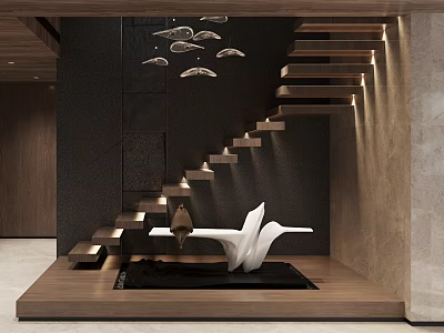 Modern Staircase Design With Black Wall Wooden Steps And White Sculpture And Ambient Lighting 3d model
