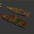 Two Vintage Traditional Wooden Boats with Weathered Wood Structure and Red Blue Accents