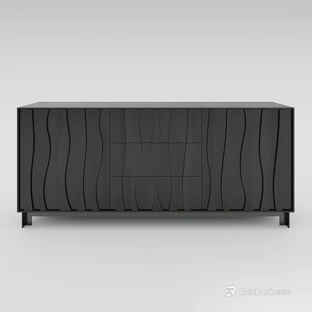 Modern Console Cabinet And Side Cabinet With Wavy Design Matte Black Finish And Metal Legs 3d model 