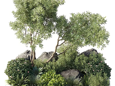 Tall Arbor With Lush Green Foliage Rocks And Dense Shrubs In Natural Garden Setting 3d model