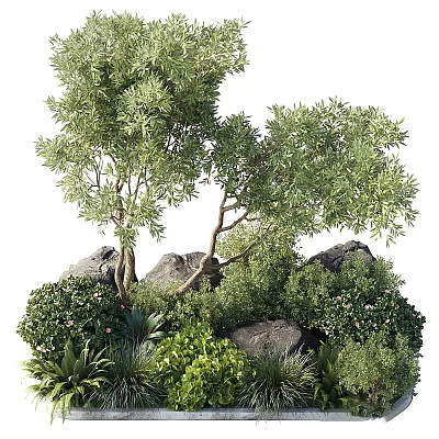 Tall Arbor With Lush Green Foliage Rocks And Dense Shrubs In Natural Garden Setting 3d model
