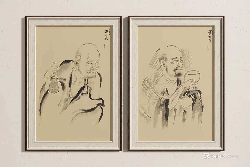 Two Framed Traditional Chinese Ink Figure Paintings Depicting Elderly Men 3d model 