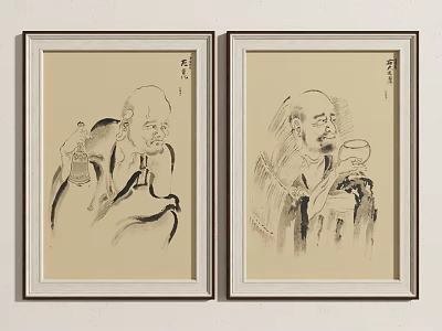 Two Framed Traditional Chinese Ink Figure Paintings Depicting Elderly Men 3d model