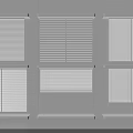 White Blinds in Different Styles Installed on White Window Frames Displaying Various Designs 3d model