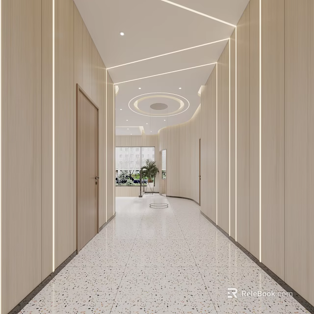 Modern Elevator Hallway Design With Wooden Walls Speckled Tiles Round Ceiling Light And Recessed Lights 3d model 