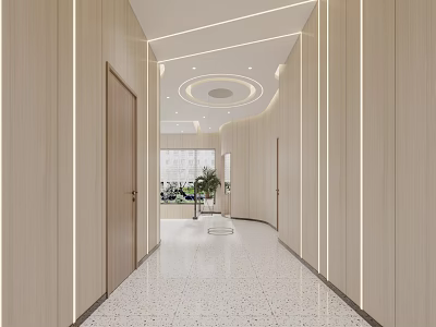 Modern Elevator Hallway Design With Wooden Walls Speckled Tiles Round Ceiling Light And Recessed Lights 3d model