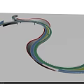 Modern Curved Landscape Bridge With Colorful Railings And Scenic Pedestrian Walkway
