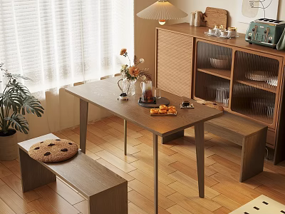 Wooden Dining Table Set With Bench Cabinet Plant And Natural Light 3d model
