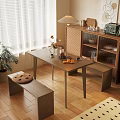 Wooden Dining Table Set With Bench Cabinet Plant And Natural Light