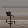 Wooden Bar Stool In Modern Living Room Interior With Fireplace Flame And Ribbed Wall