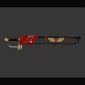 Red And Black Ornate Weapon With Golden Wing Accents And Serrated Blade
