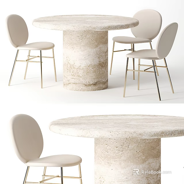 Modern Dining Table Set With Round Stone Pedestal And Beige Metal Leg Chairs 3d model 