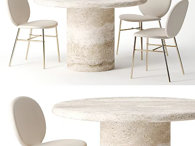 Modern Dining Table Set With Round Stone Pedestal And Beige Metal Leg Chairs 3d model
