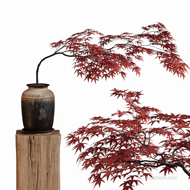 Artistic Bonsai Plant With Red Leaves In Ceramic Vase On Wooden Stump 3d model 
