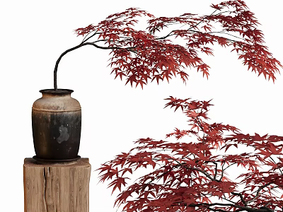 Artistic Bonsai Plant With Red Leaves In Ceramic Vase On Wooden Stump 3d model