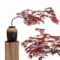 Artistic Bonsai Plant With Red Leaves In Ceramic Vase On Wooden Stump
